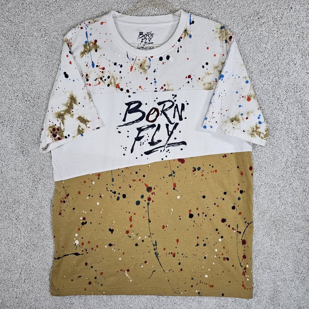 BORN‎ FLY Mens Paint Splatter T-Shirt Size XL Embroidered Logo 100% Cotton